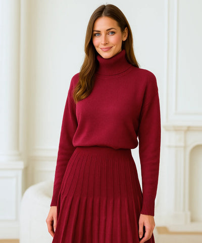 Comprar conjunto feminino tricot vinho gola alta saia plissada confortável malha macia inverno em promoção ZARA