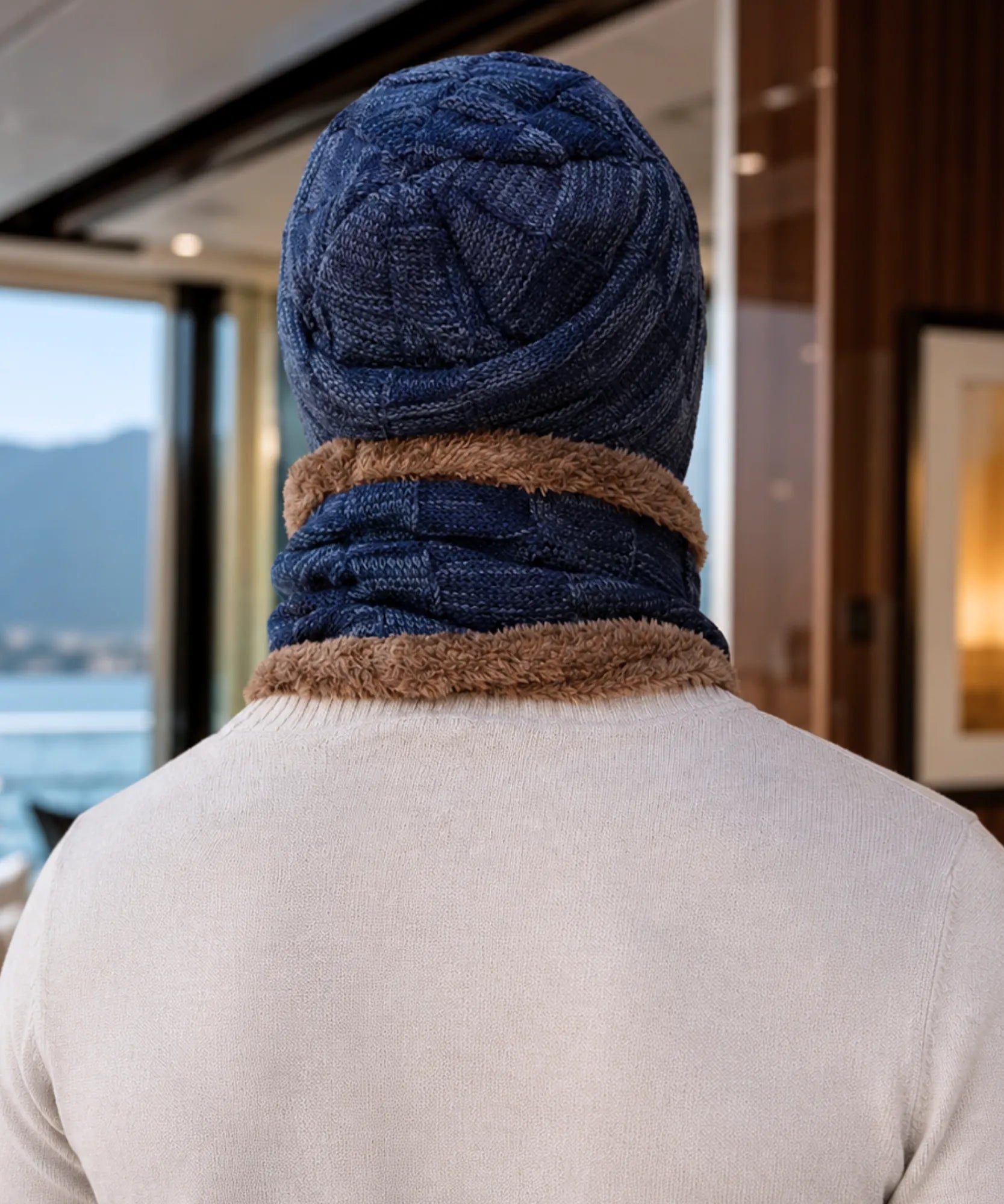 Comprar conjunto gorro e cachecol masculino tricot forro fleece pelúcia inverno barata em promoção ANELLIMN