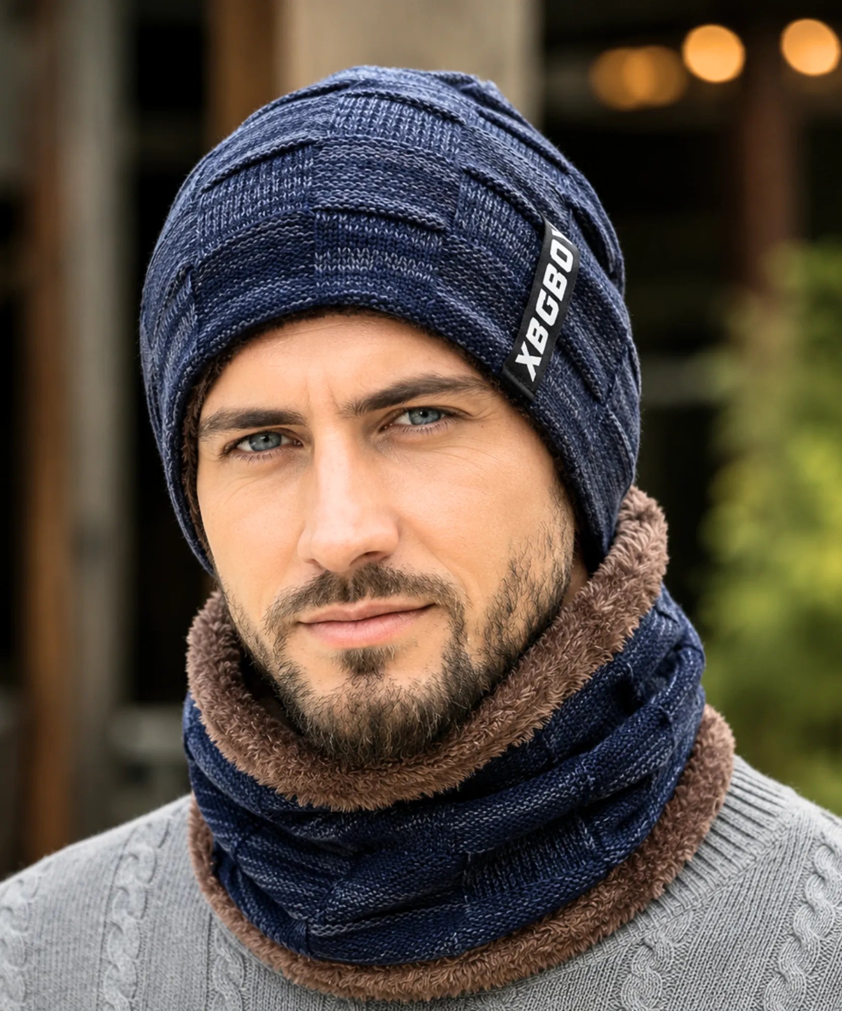 Comprar conjunto gorro e cachecol masculino tricot forro fleece pelúcia inverno barata em promoção ANELLIMN