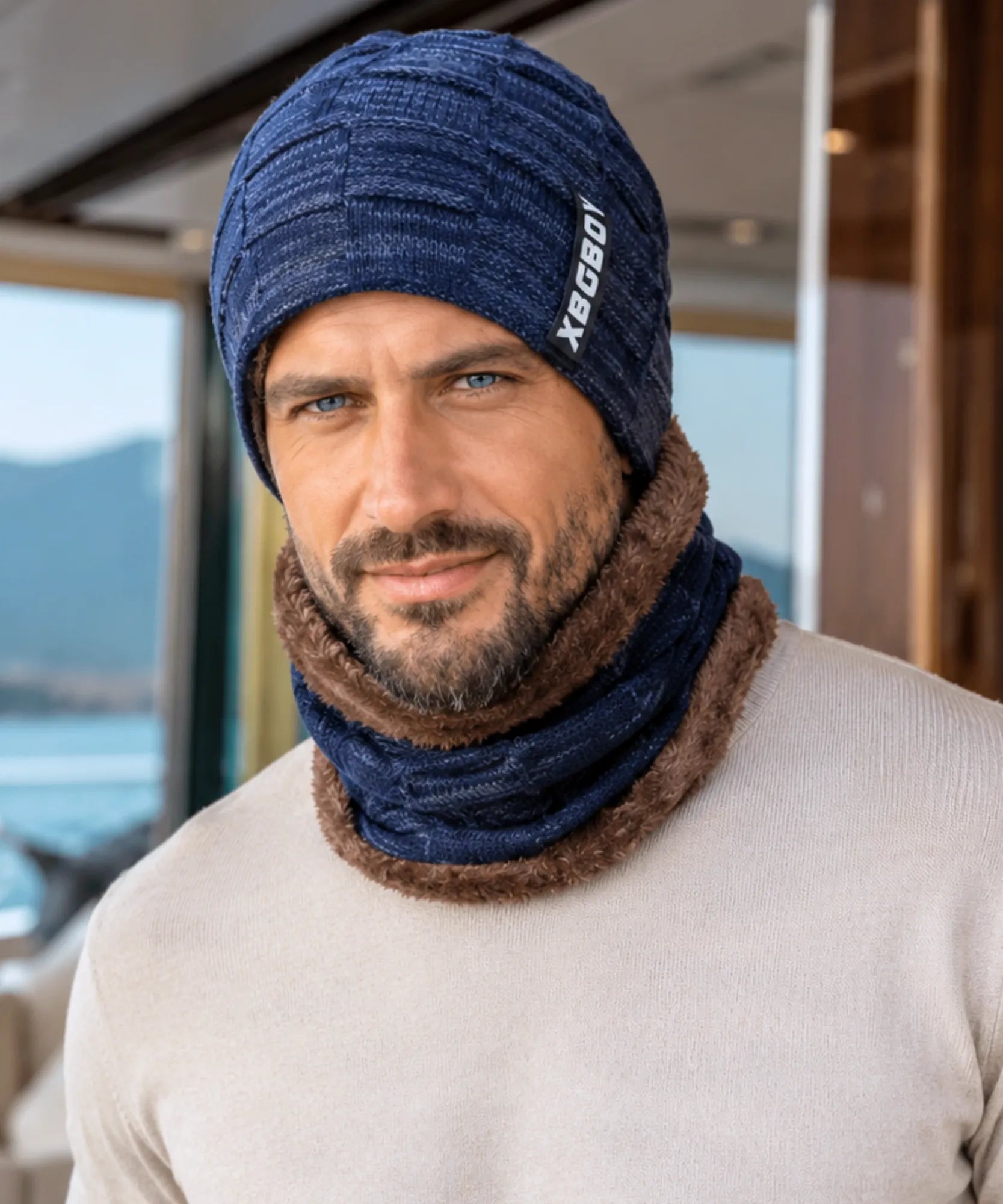 Comprar conjunto gorro e cachecol masculino tricot forro fleece pelúcia inverno barata em promoção ANELLIMN