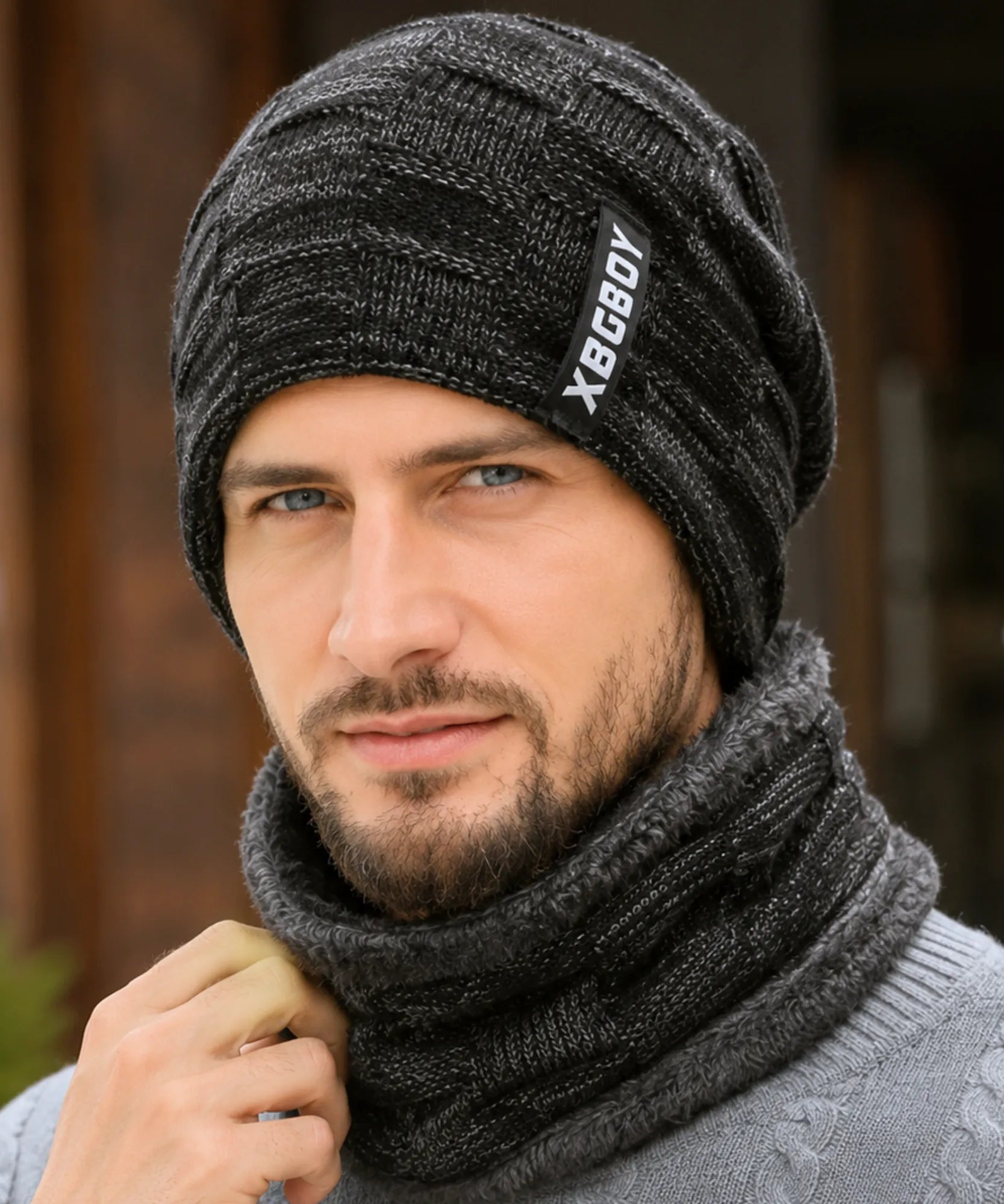 Comprar conjunto gorro e cachecol masculino tricot forro fleece pelúcia inverno barata em promoção ANELLIMN