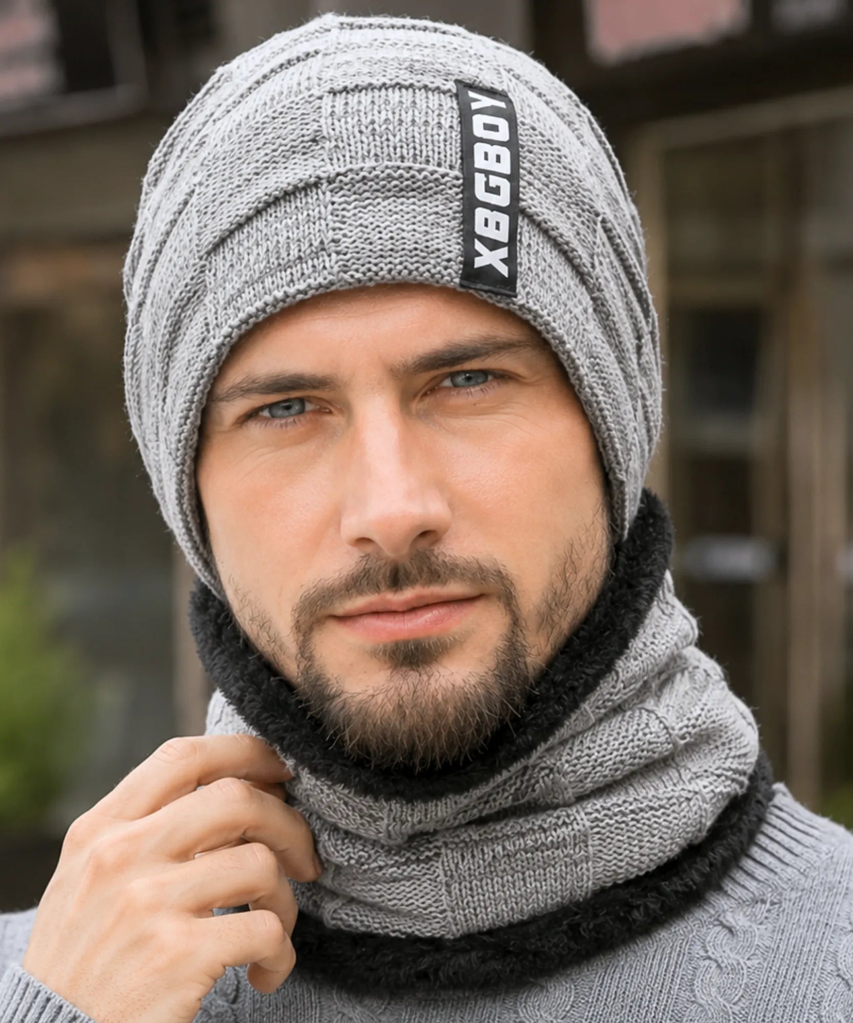 Comprar conjunto gorro e cachecol masculino tricot forro fleece pelúcia inverno barata em promoção ANELLIMN