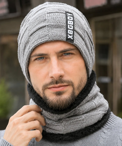 Comprar conjunto gorro e cachecol masculino tricot forro fleece pelúcia inverno barata em promoção ANELLIMN