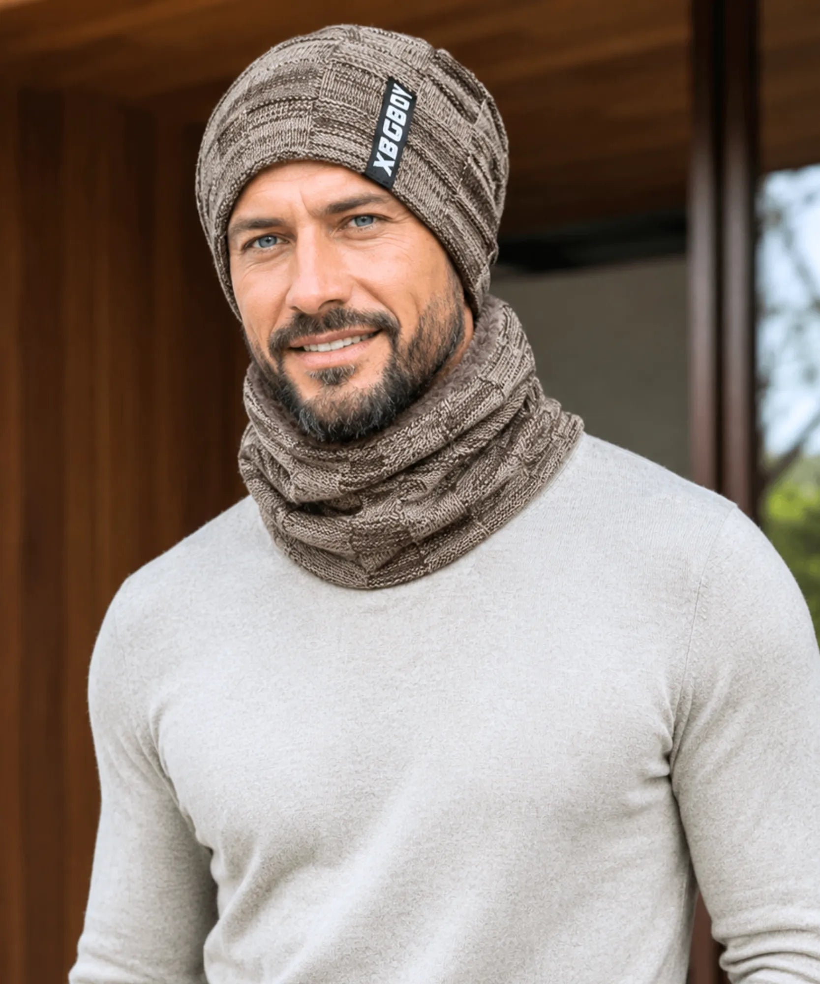 Comprar conjunto gorro e cachecol masculino tricot forro fleece pelúcia inverno barata em promoção ANELLIMN