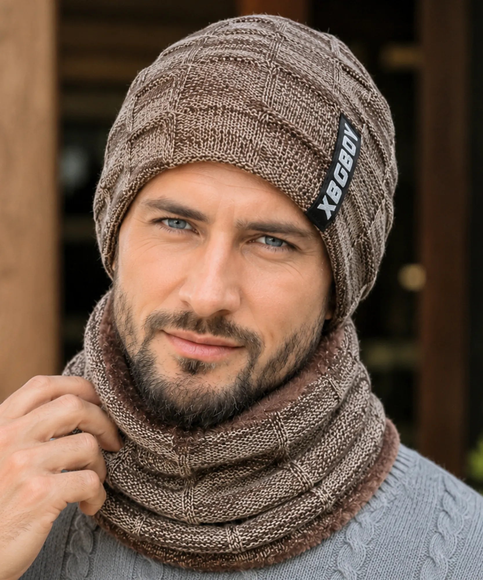 Comprar conjunto gorro e cachecol masculino tricot forro fleece pelúcia inverno barata em promoção ANELLIMN