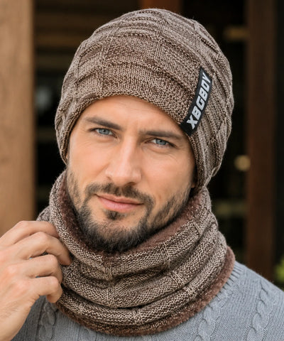 Comprar conjunto gorro e cachecol masculino tricot forro fleece pelúcia inverno barata em promoção ANELLIMN