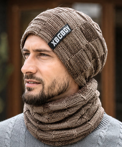 Comprar conjunto gorro e cachecol masculino tricot forro fleece pelúcia inverno barata em promoção ANELLIMN