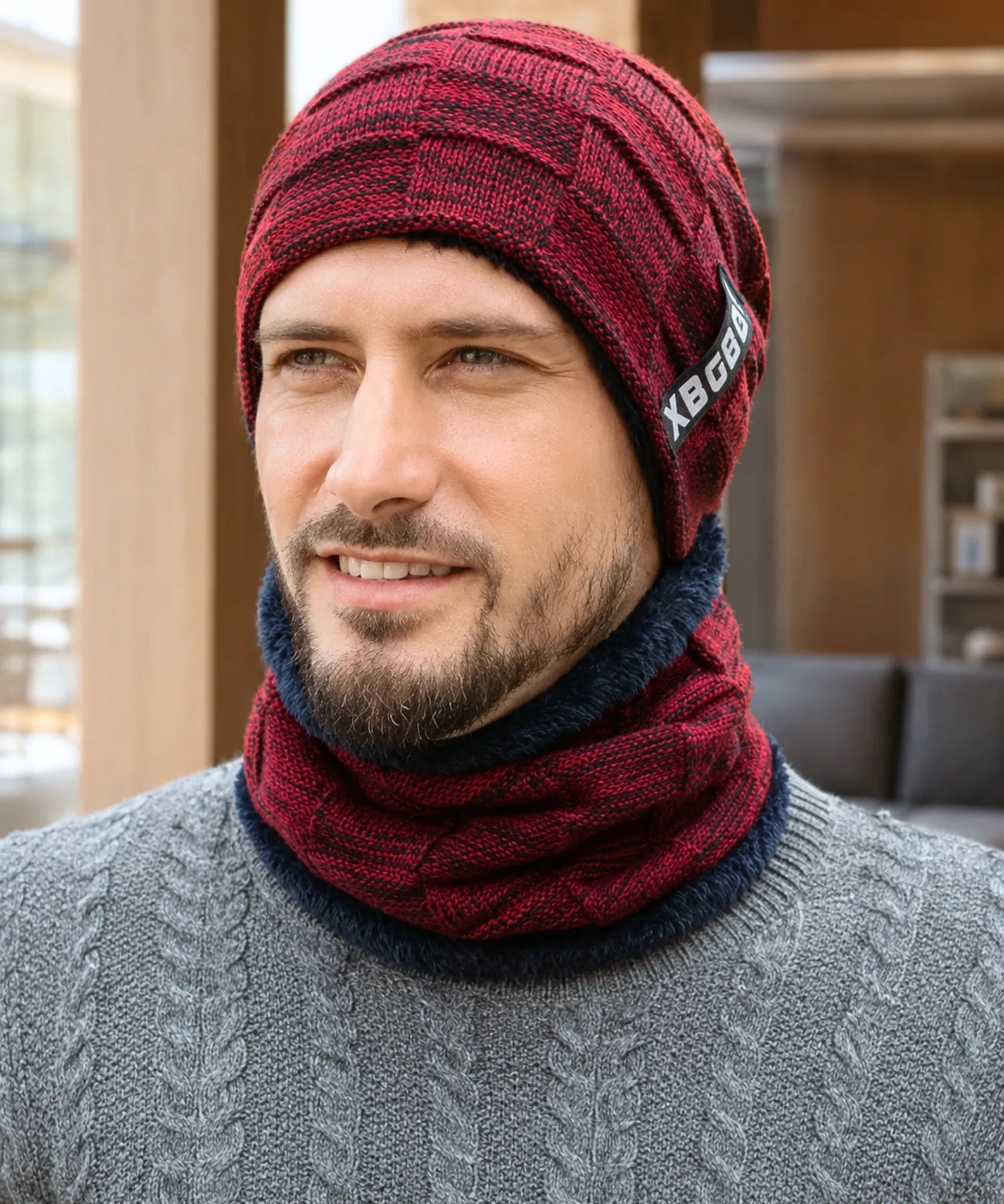 Comprar conjunto gorro e cachecol masculino tricot forro fleece pelúcia inverno barata em promoção ANELLIMN