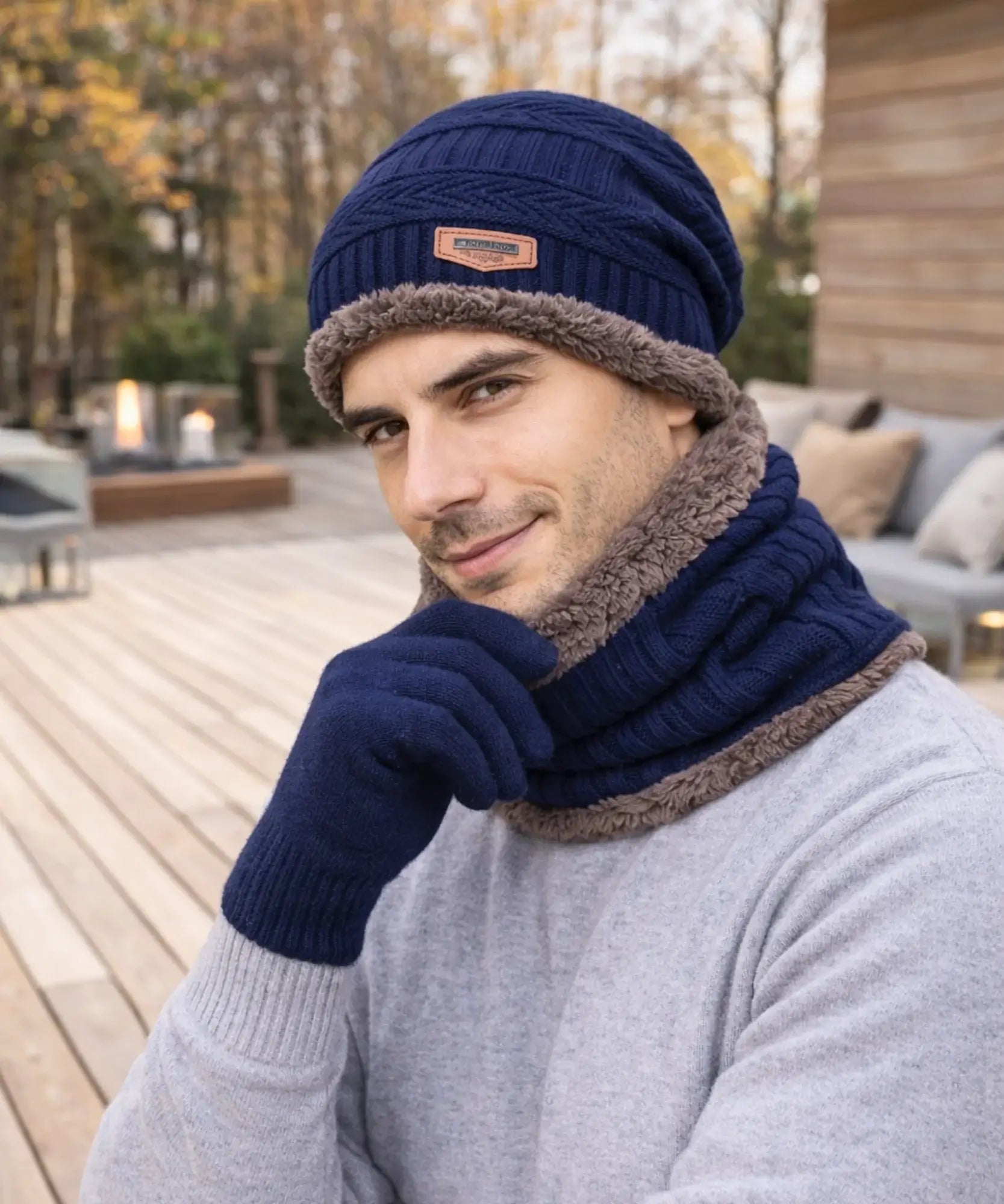  Comprar conjunto inverno masculino gorro cachecol luvas térmico forrado aquecimento barato promoção Anellimn