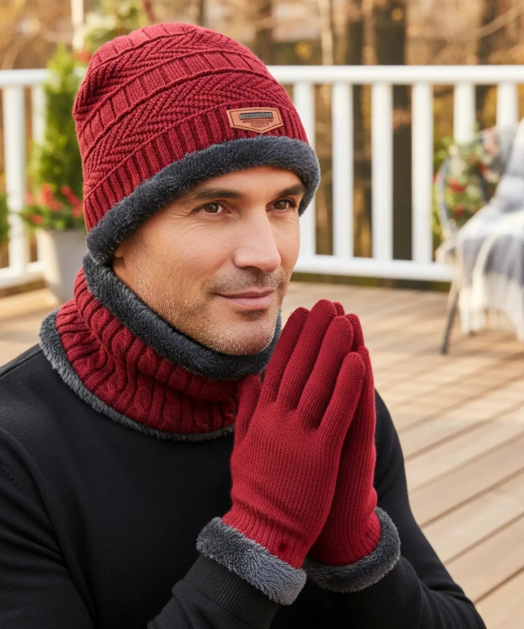  Comprar conjunto inverno masculino gorro cachecol luvas térmico forrado aquecimento barato promoção Anellimn
