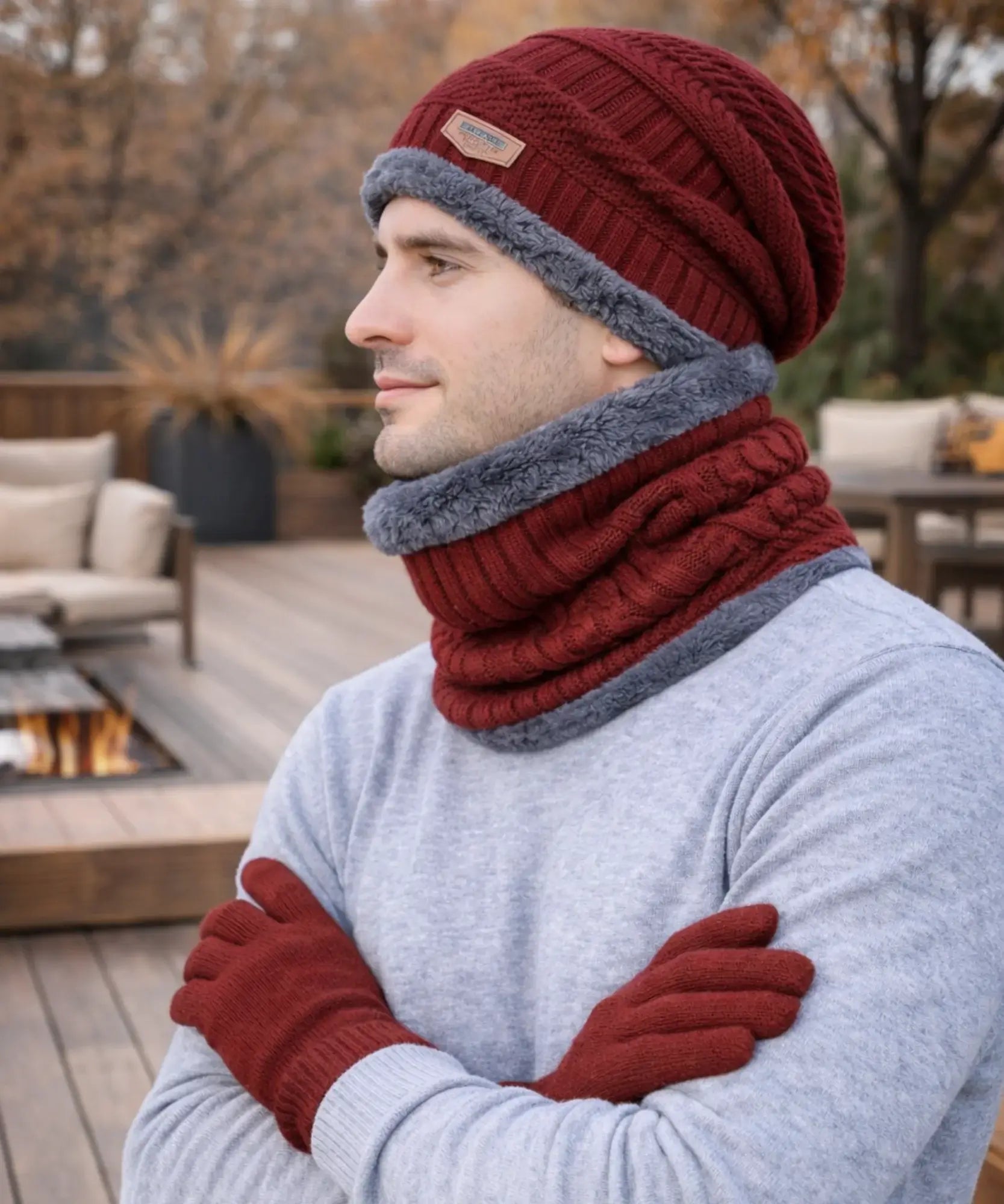  Comprar conjunto inverno masculino gorro cachecol luvas térmico forrado aquecimento barato promoção Anellimn