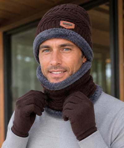 Comprar conjunto inverno masculino gorro cachecol luvas térmico forrado aquecimento barato promoção Anellimn
