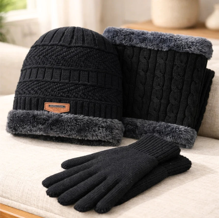  Comprar conjunto inverno masculino gorro cachecol luvas térmico forrado aquecimento barato promoção Anellimn