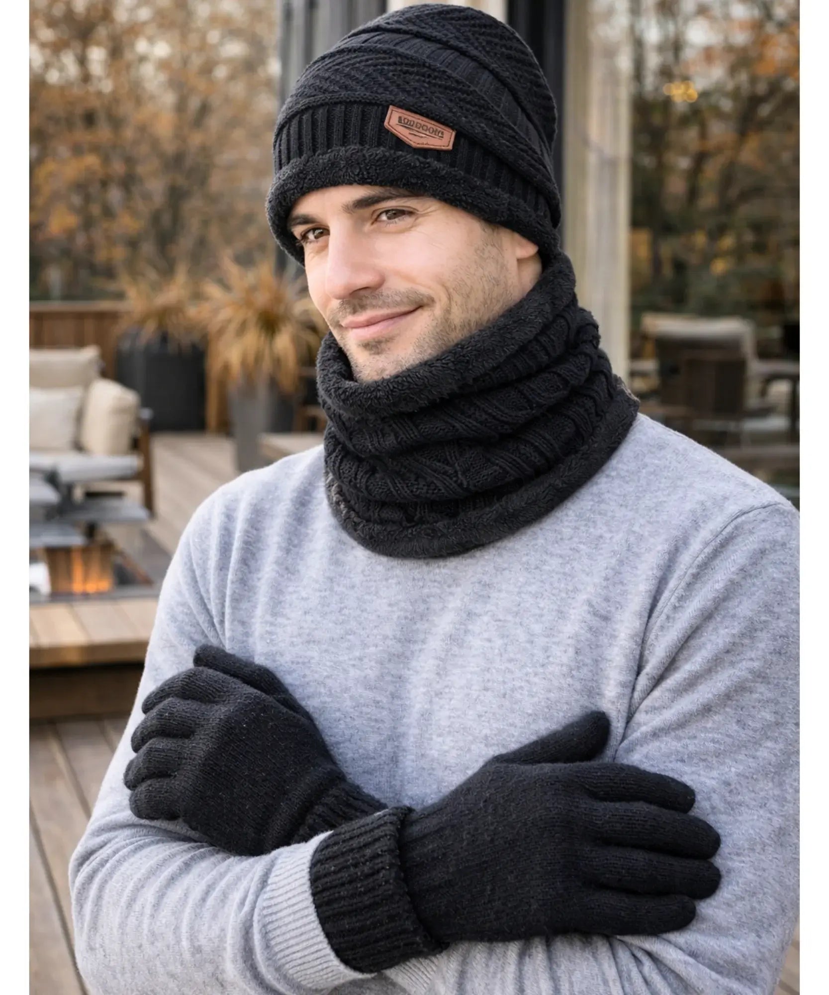  Comprar conjunto inverno masculino gorro cachecol luvas térmico forrado aquecimento barato promoção Anellimn