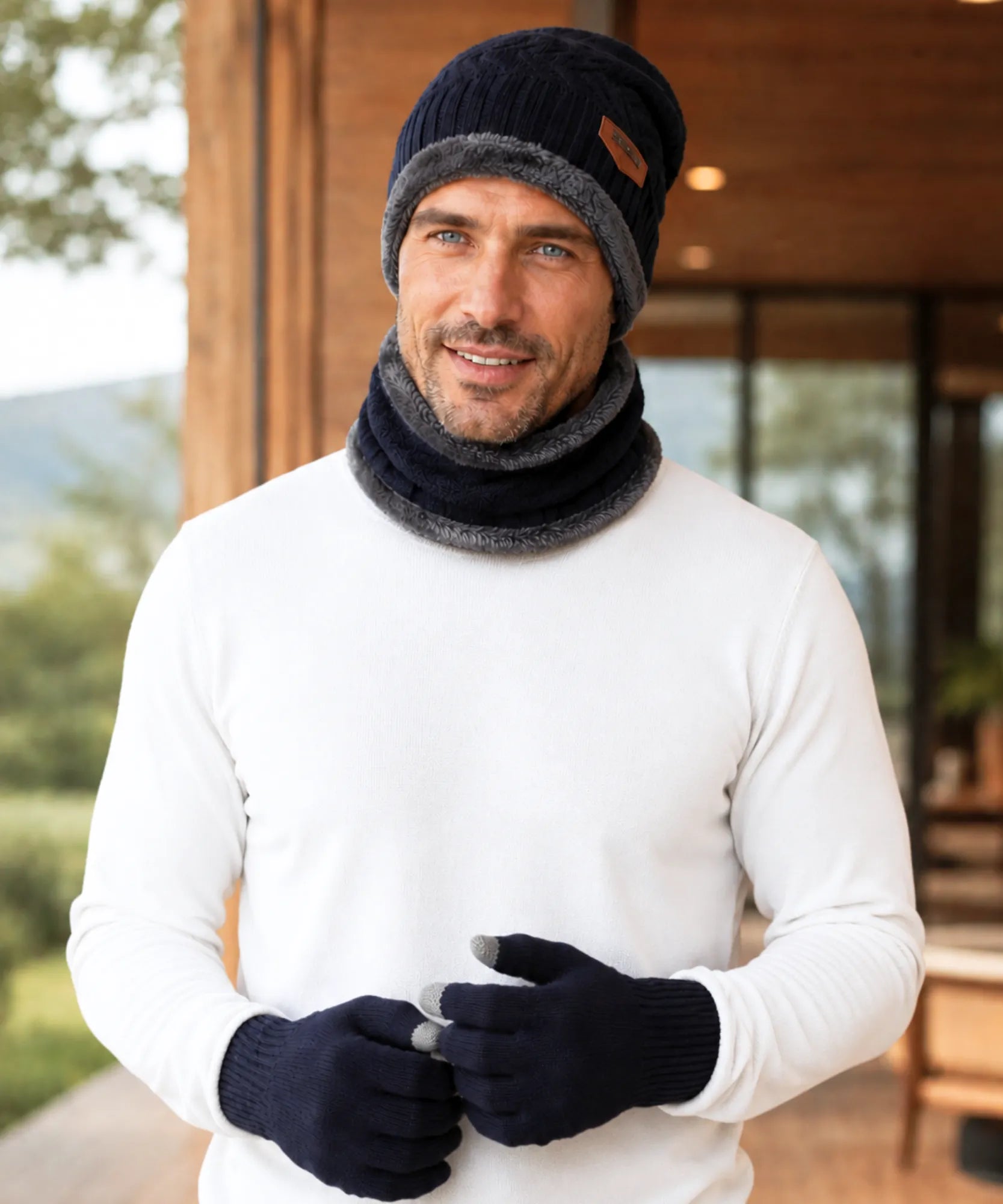 Comprar conjunto inverno masculino gorro cachecol luvas térmico forrado aquecimento barato promoção Anellimn
