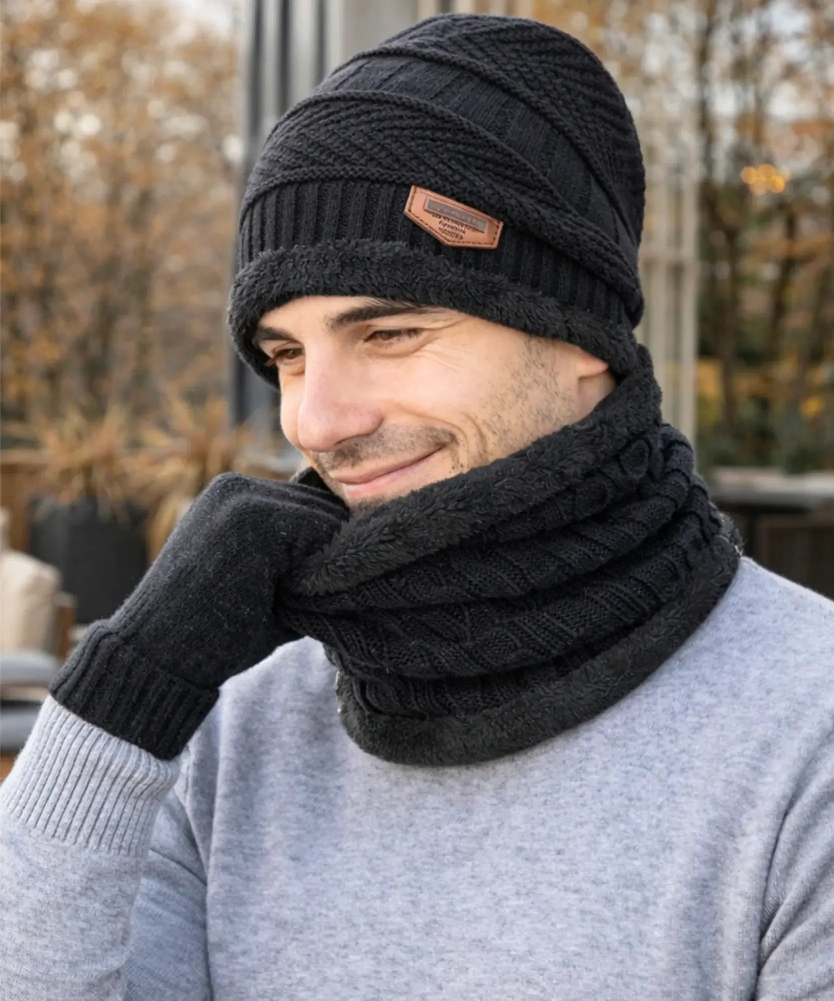  Comprar conjunto inverno masculino gorro cachecol luvas térmico forrado aquecimento barato promoção Anellimn