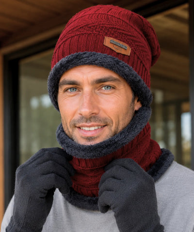 Comprar conjunto inverno masculino gorro cachecol luvas térmico forrado aquecimento barato promoção Anellimn