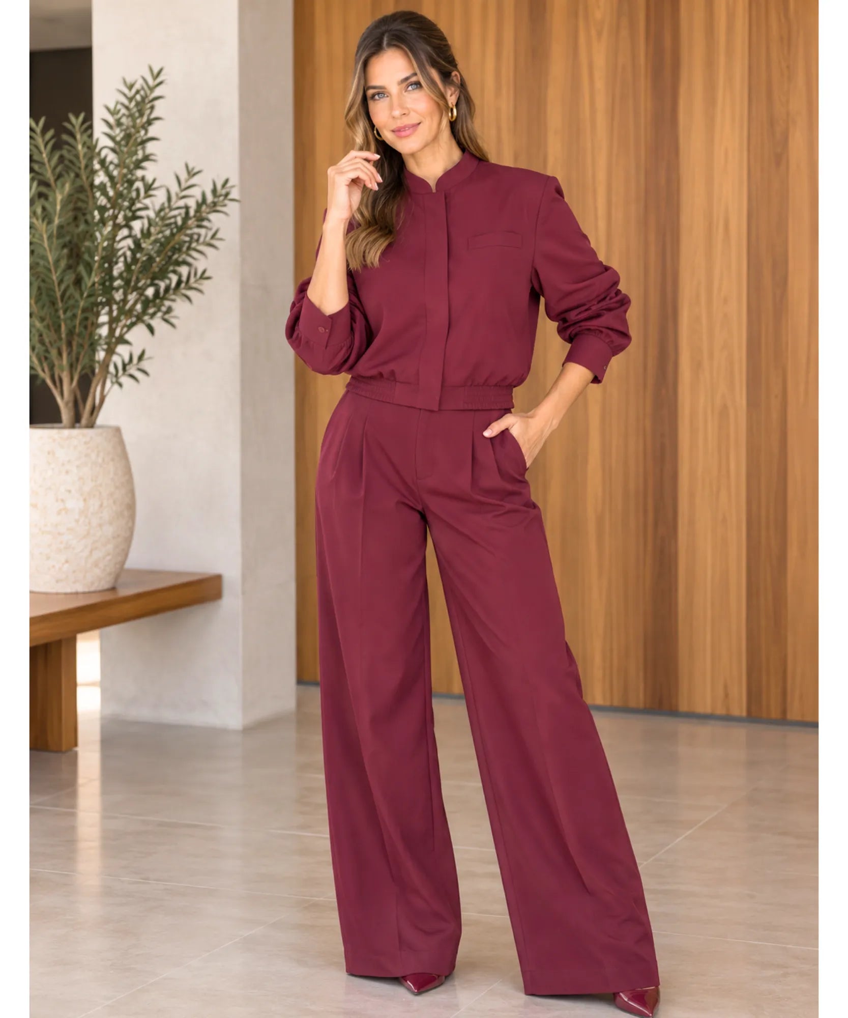 Comprar conjunto jaqueta e calça feminino alfaiataria vinho barato Anellimn