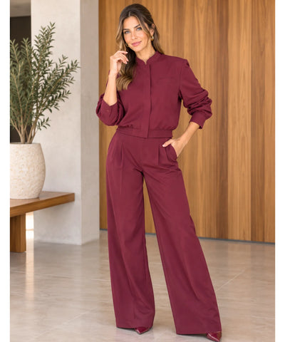 Comprar conjunto jaqueta e calça feminino alfaiataria vinho barato Anellimn