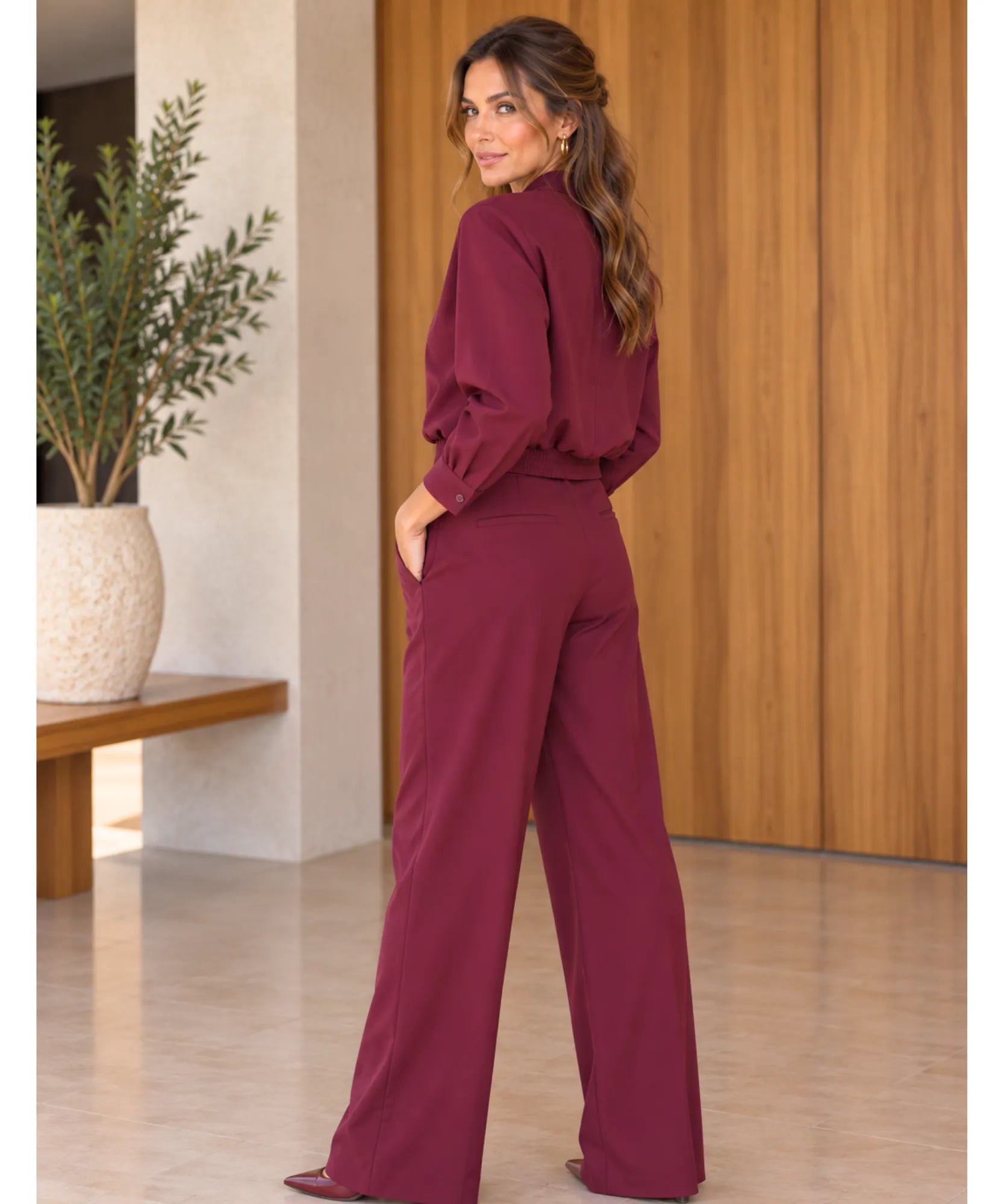 Comprar conjunto jaqueta e calça feminino pantalona wide leg vinho barato Anellimn