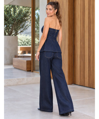 Comprar conjunto jeans feminino calça wide leg e blusa tomara que caia azul escuro em promoção Anellimn
