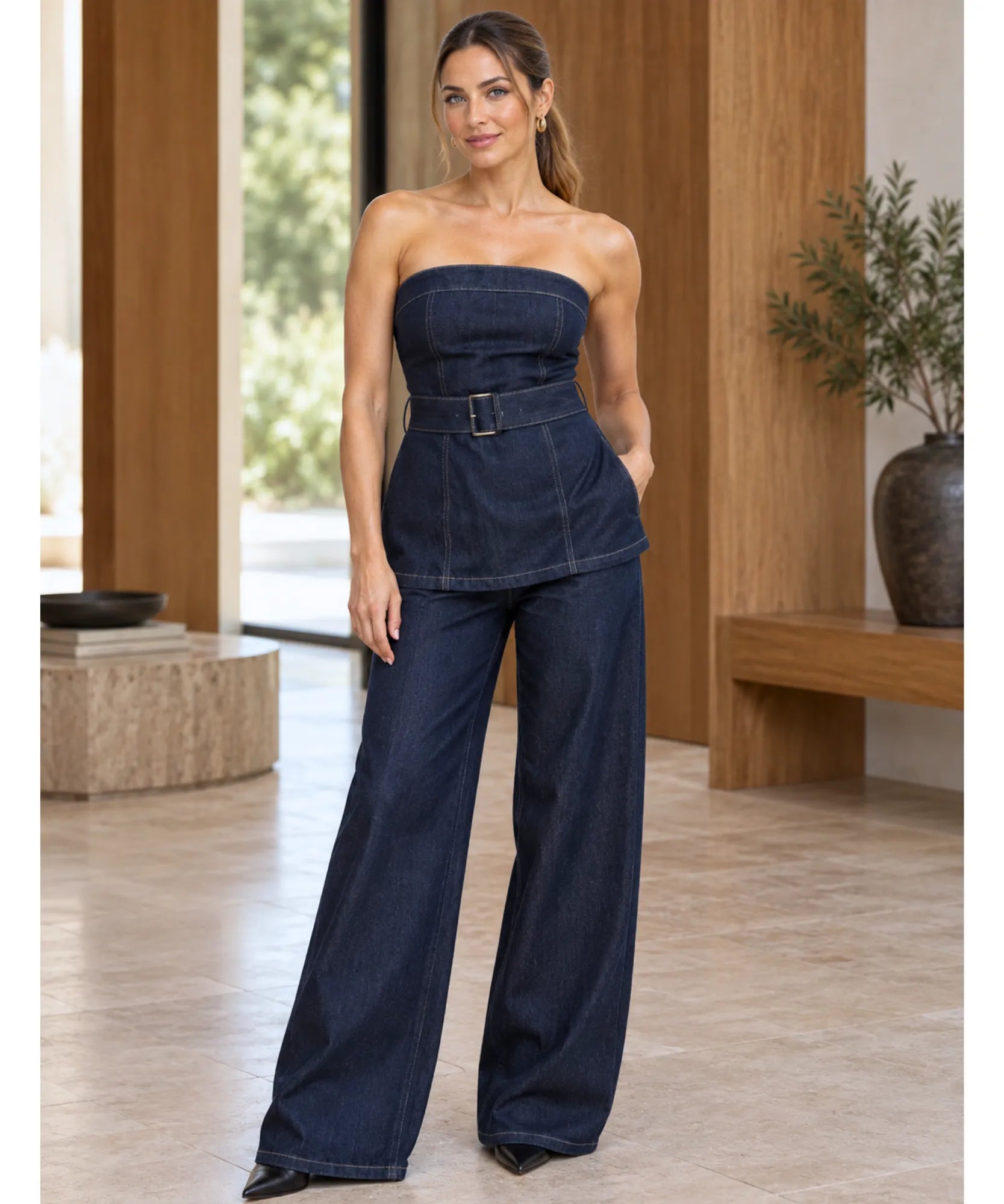 Comprar conjunto jeans feminino calça e blusa tomara que caia azul escuro em promoção Anellimn