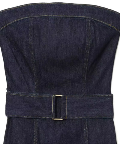 Comprar conjunto jeans feminino detalhe do cinto com fivela azul escuro em promoção Anellimn