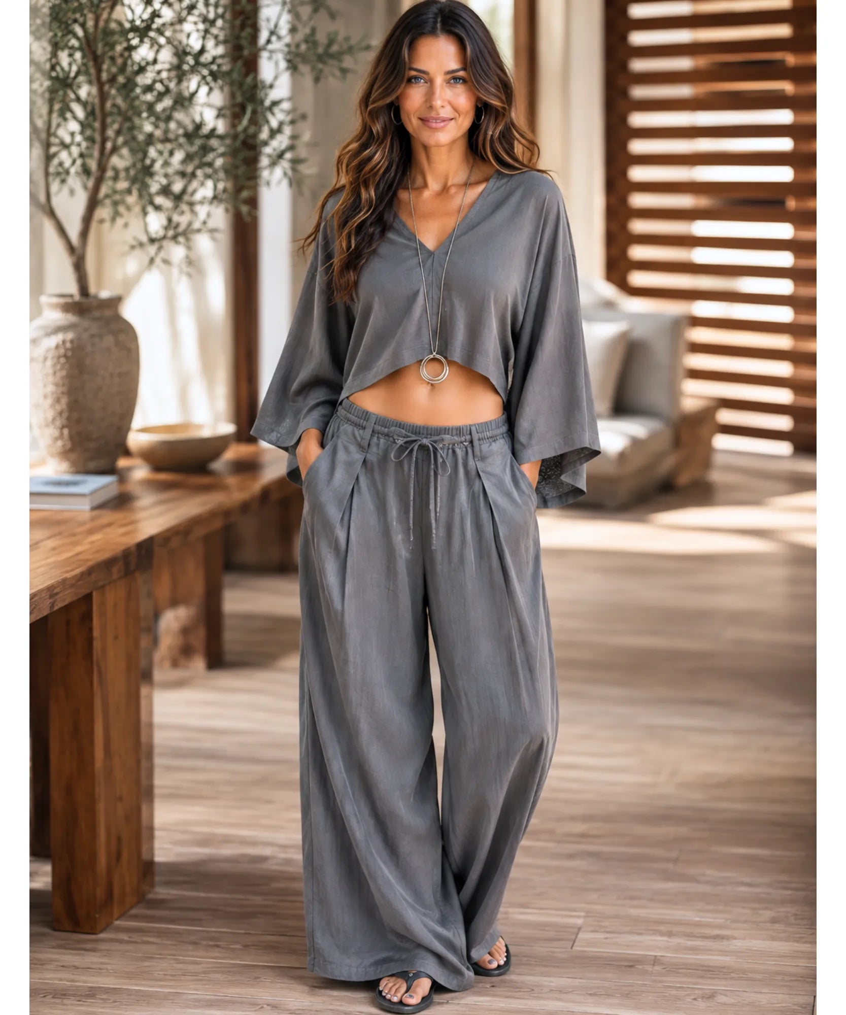 Comprar conjunto kimono feminino cropped e calça pantalona cinza barato Anellimn