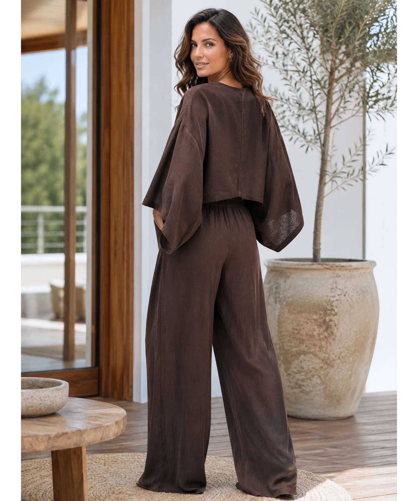 Comprar conjunto kimono feminino cropped e calça pantalona marrom barato Anellimn
