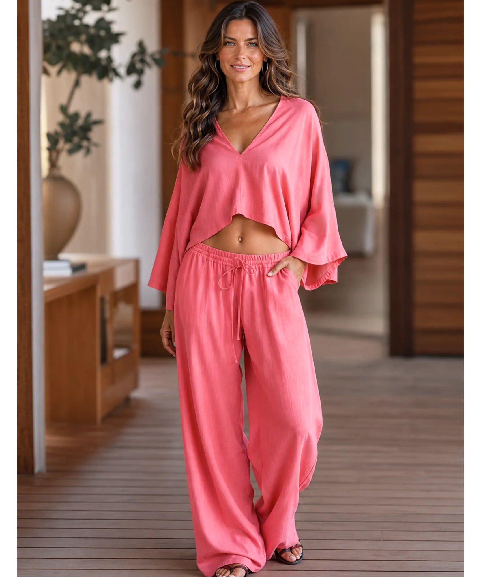 Conjunto kimono rosa com calça pantalona de amarração