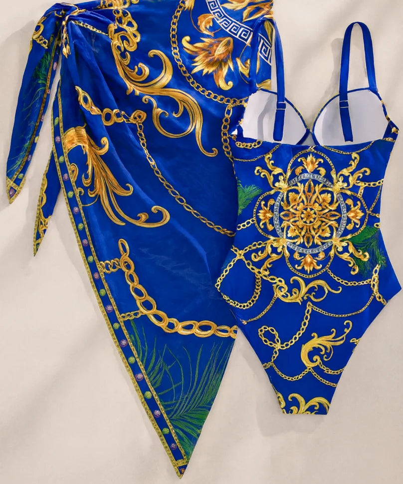 Comprar conjunto maiô com saída de praia estampa corrente dourada tecido acetinado modelador barato em promoção