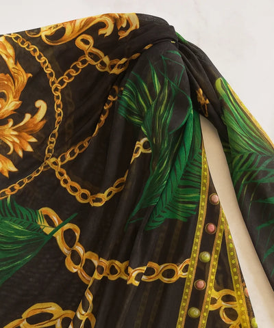 Comprar conjunto maiô com saída de praia estampa corrente dourada tecido acetinado modelador barato em promoção