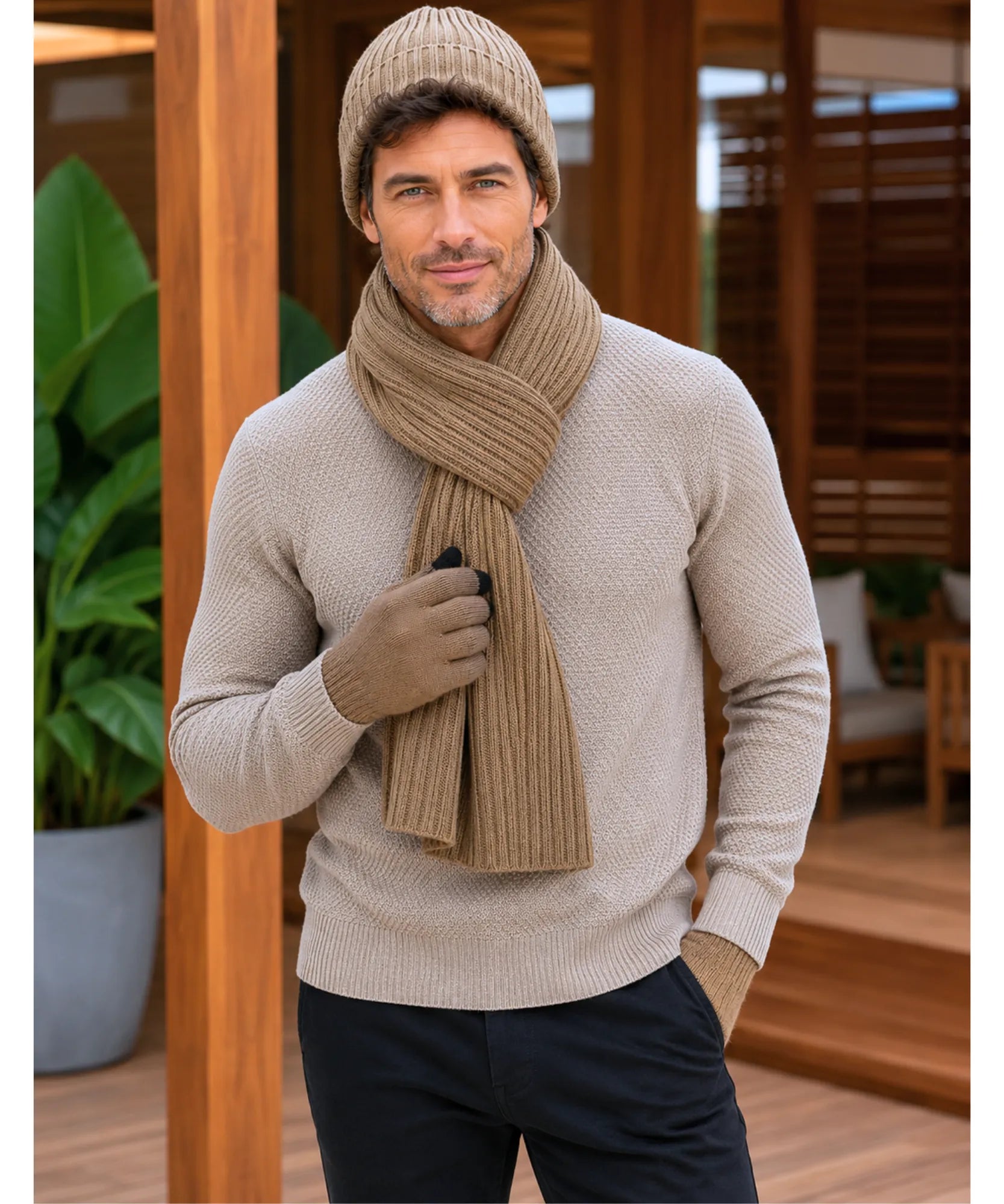 Comprar conjunto masculino gorro cachecol luva tricot canelado forro touchscreen inverno barato em promoção ANELLIMN