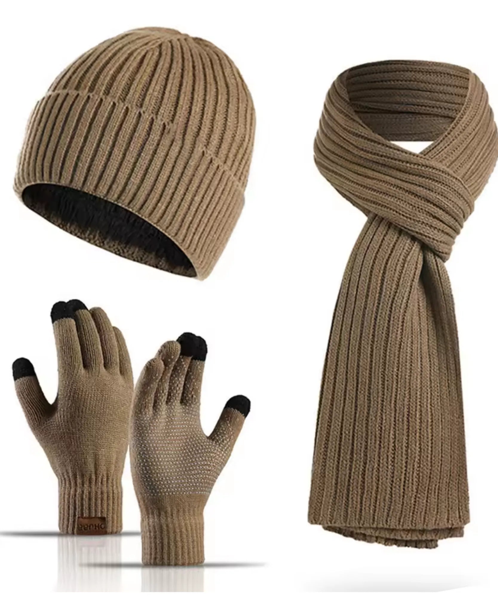 Comprar conjunto masculino gorro cachecol luva tricot canelado forro touchscreen inverno barato em promoção ANELLIMN