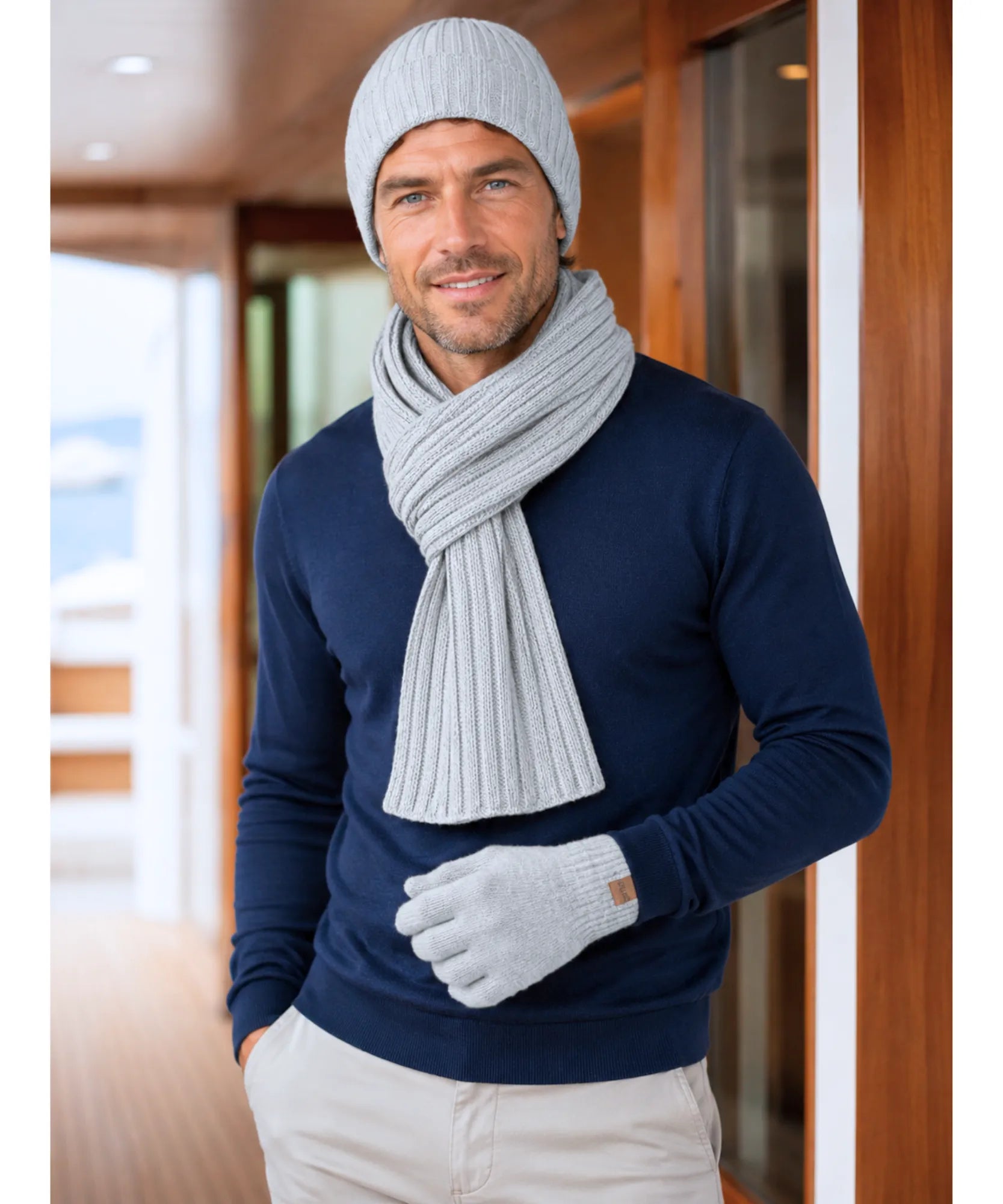 Comprar conjunto masculino gorro cachecol luva tricot canelado forro touchscreen inverno barato em promoção ANELLIMN