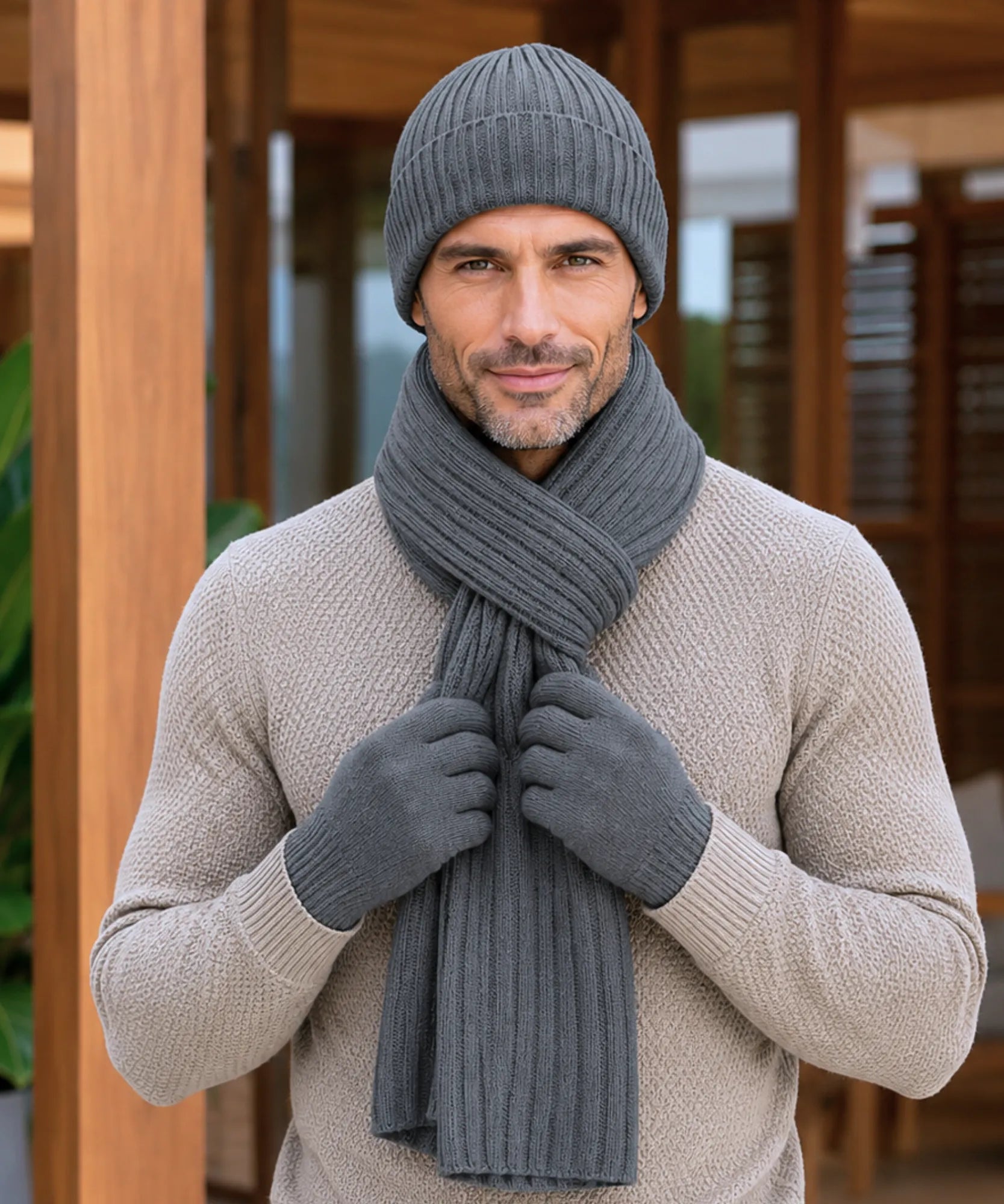 Comprar conjunto masculino gorro cachecol luva tricot canelado forro touchscreen inverno barato em promoção ANELLIMN