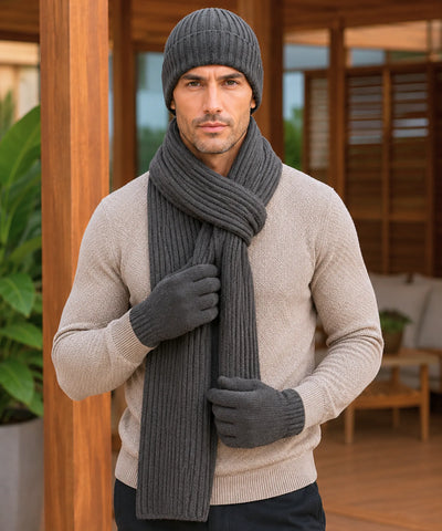 Comprar conjunto masculino gorro cachecol luva tricot canelado forro touchscreen inverno barato em promoção ANELLIMN