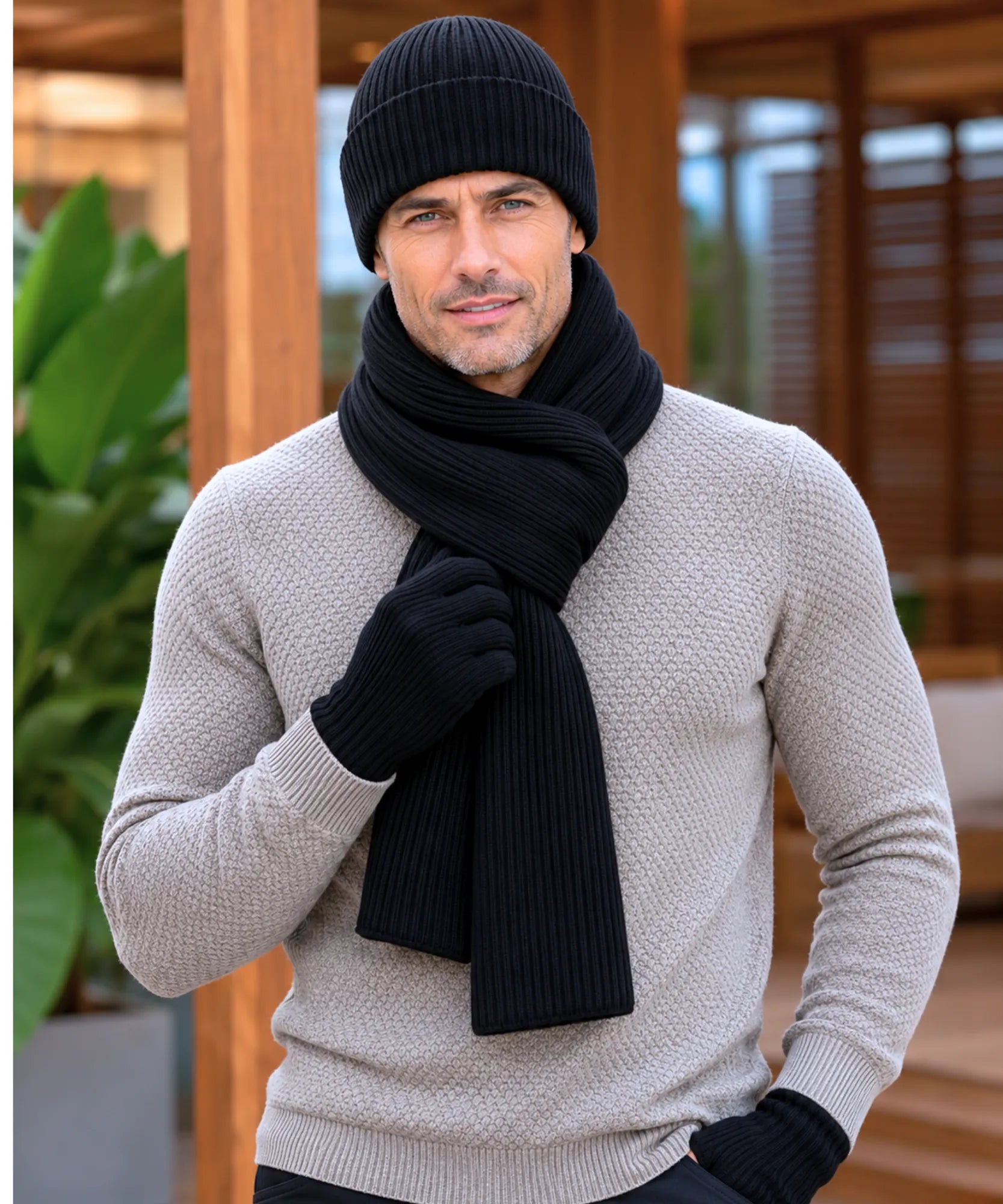 Comprar conjunto masculino gorro cachecol luva tricot canelado forro touchscreen inverno barato em promoção ANELLIMN