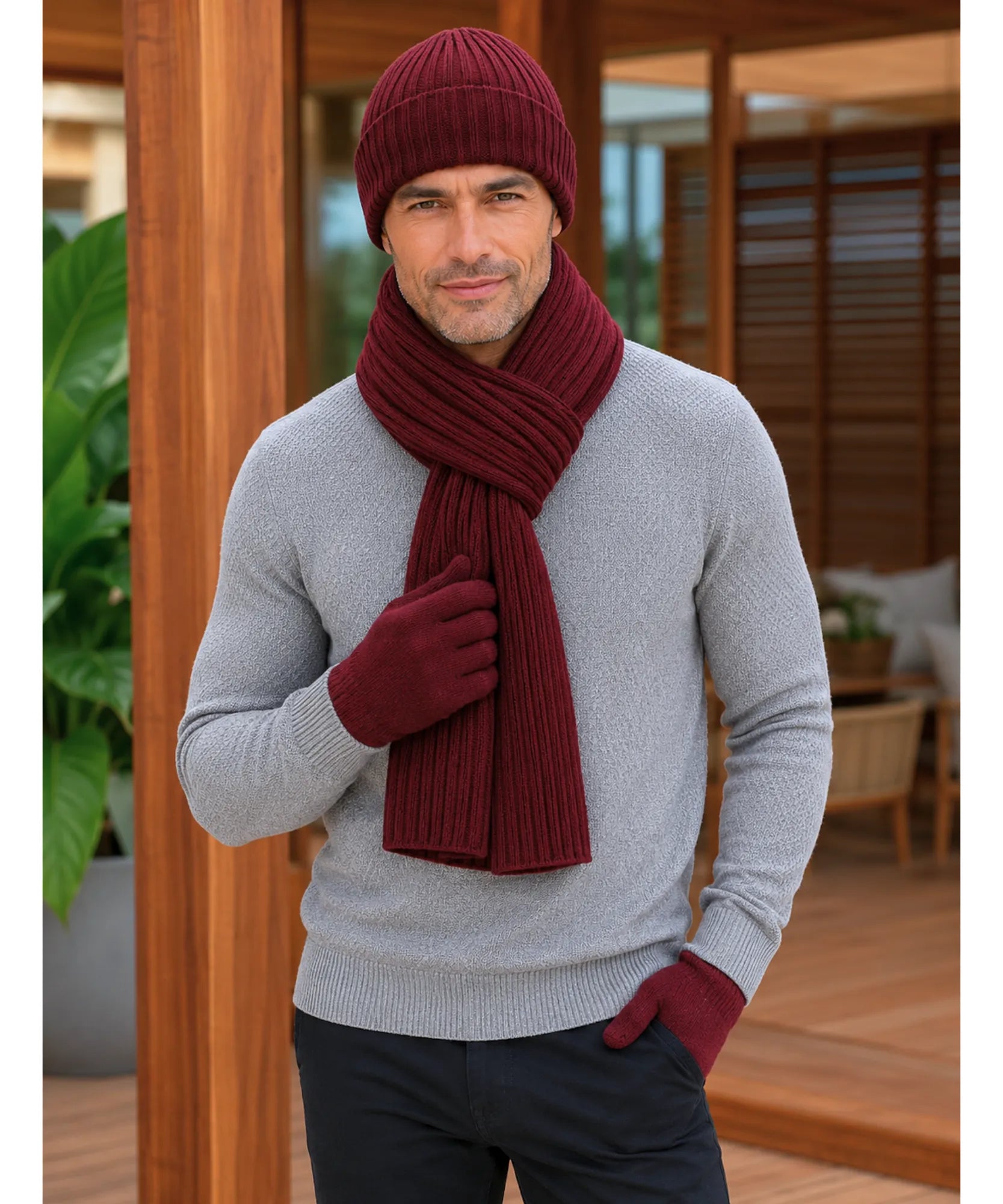 Comprar conjunto masculino gorro cachecol luva tricot canelado forro touchscreen inverno barato em promoção ANELLIMN