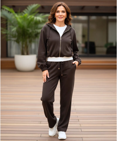 Comprar conjunto moletom feminino com capuz e zíper dourado calça wide leg casual elegante em promoção ZARA