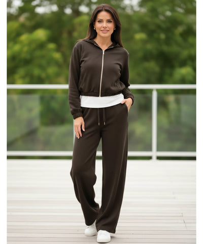 Comprar conjunto moletom feminino com capuz e zíper dourado calça wide leg casual elegante em promoção ZARA