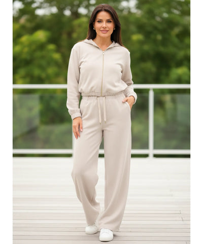 Comprar conjunto moletom feminino com capuz e zíper dourado calça wide leg casual elegante em promoção ZARA