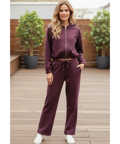 Comprar conjunto moletom feminino com capuz e zíper dourado calça wide leg casual elegante em promoção ZARA