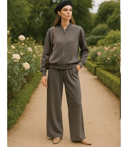 Comprar Conjunto Moletom Feminino com Jaqueta e Calça Larga cinza de algodão grosso peluciado para os dias frios barato  em promoção ZARA

