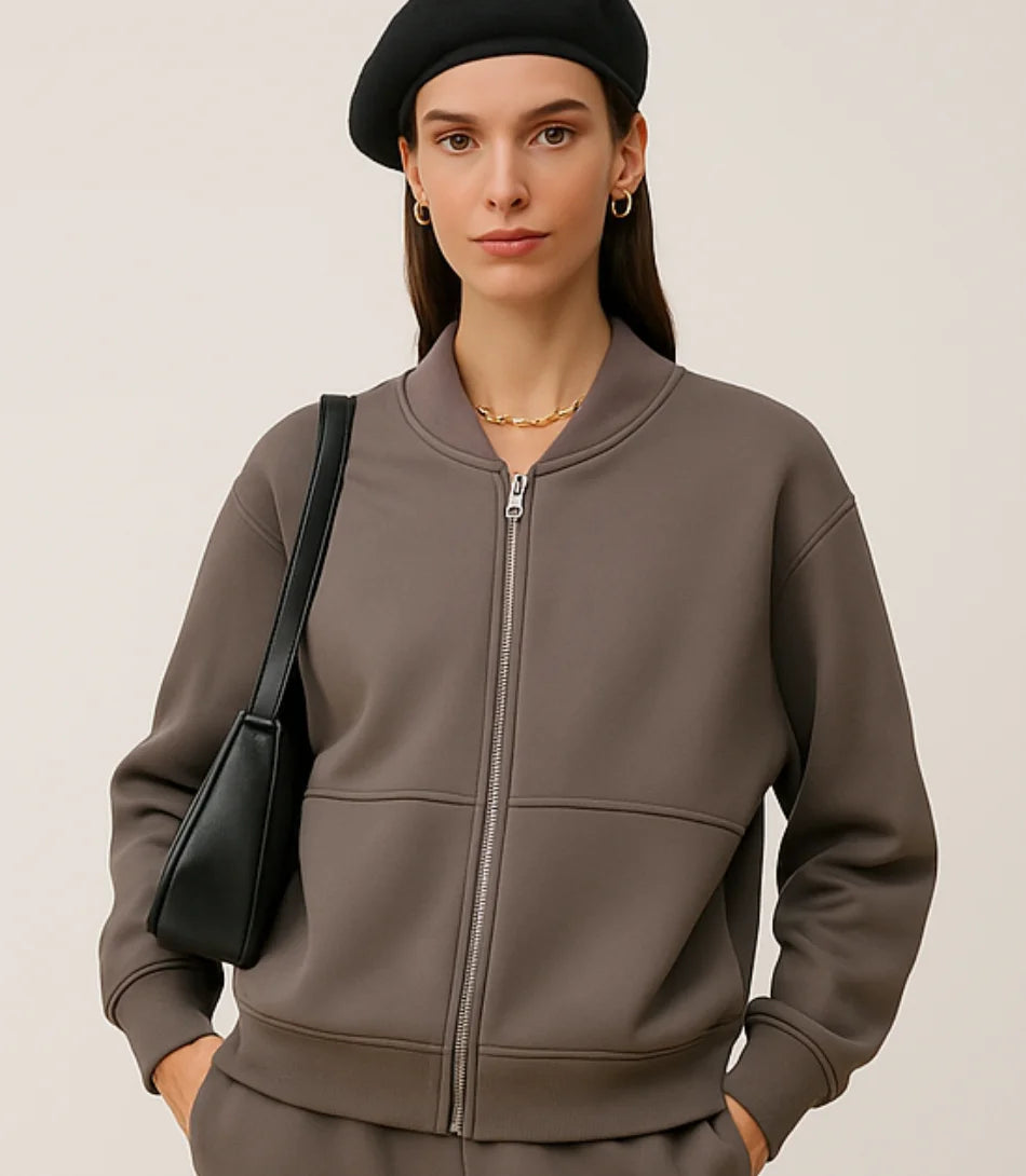 Comprar Conjunto Moletom Feminino com Jaqueta e Calça Larga cinza de algodão grosso peluciado para os dias frios barato  em promoção ZARA

