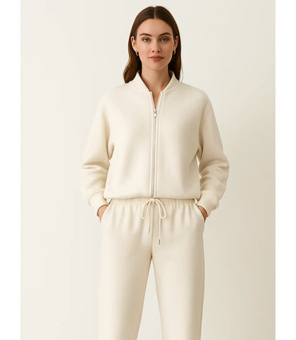 Comprar Conjunto Moletom Feminino com Jaqueta e Calça Larga Off White Bege de algodão grosso peluciado para os dias frios barato  em promoção ZARA

