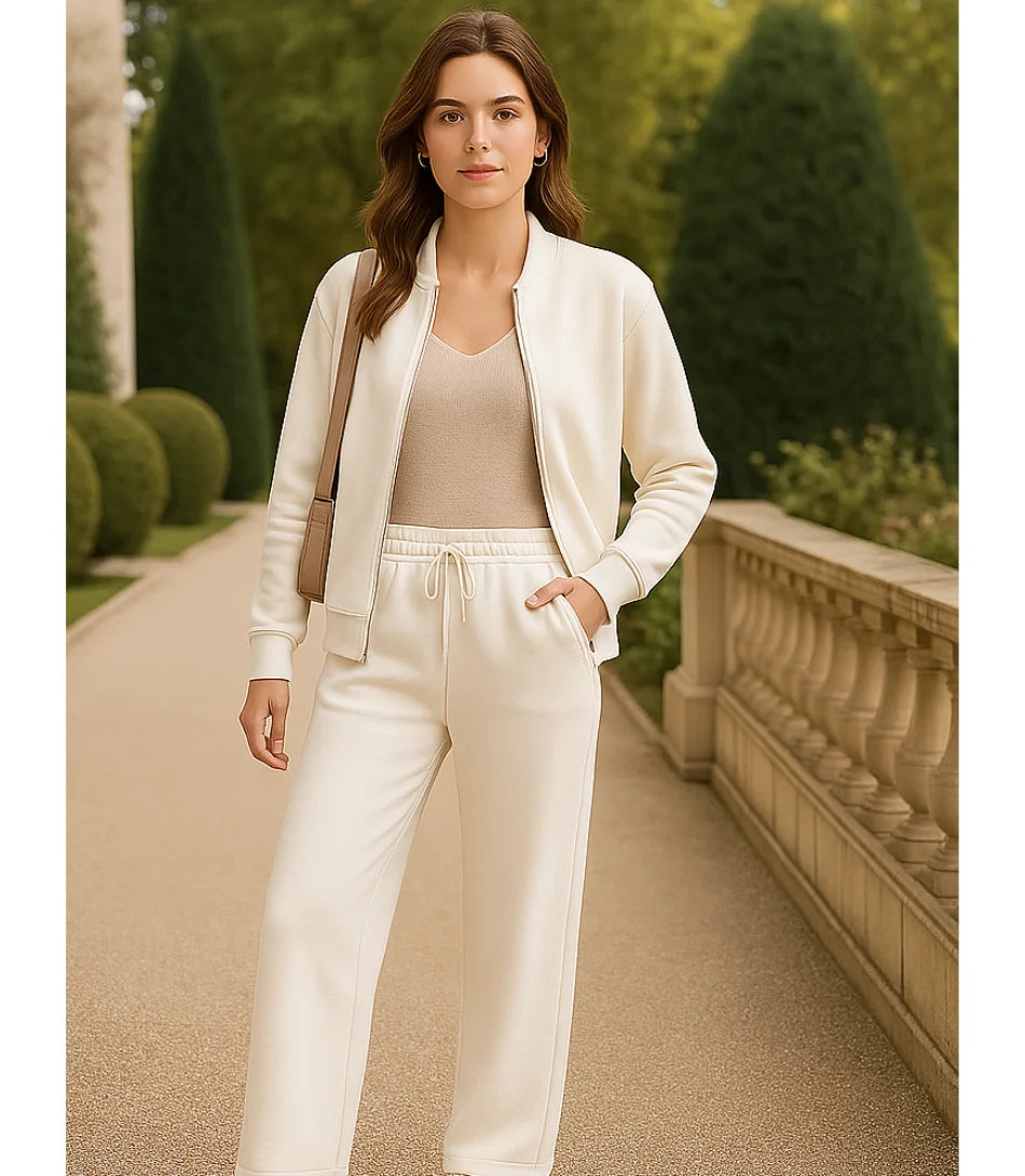 Comprar Conjunto Moletom Feminino com Jaqueta e Calça Larga Off White Bege de algodão grosso peluciado para os dias frios barato  em promoção ZARA

