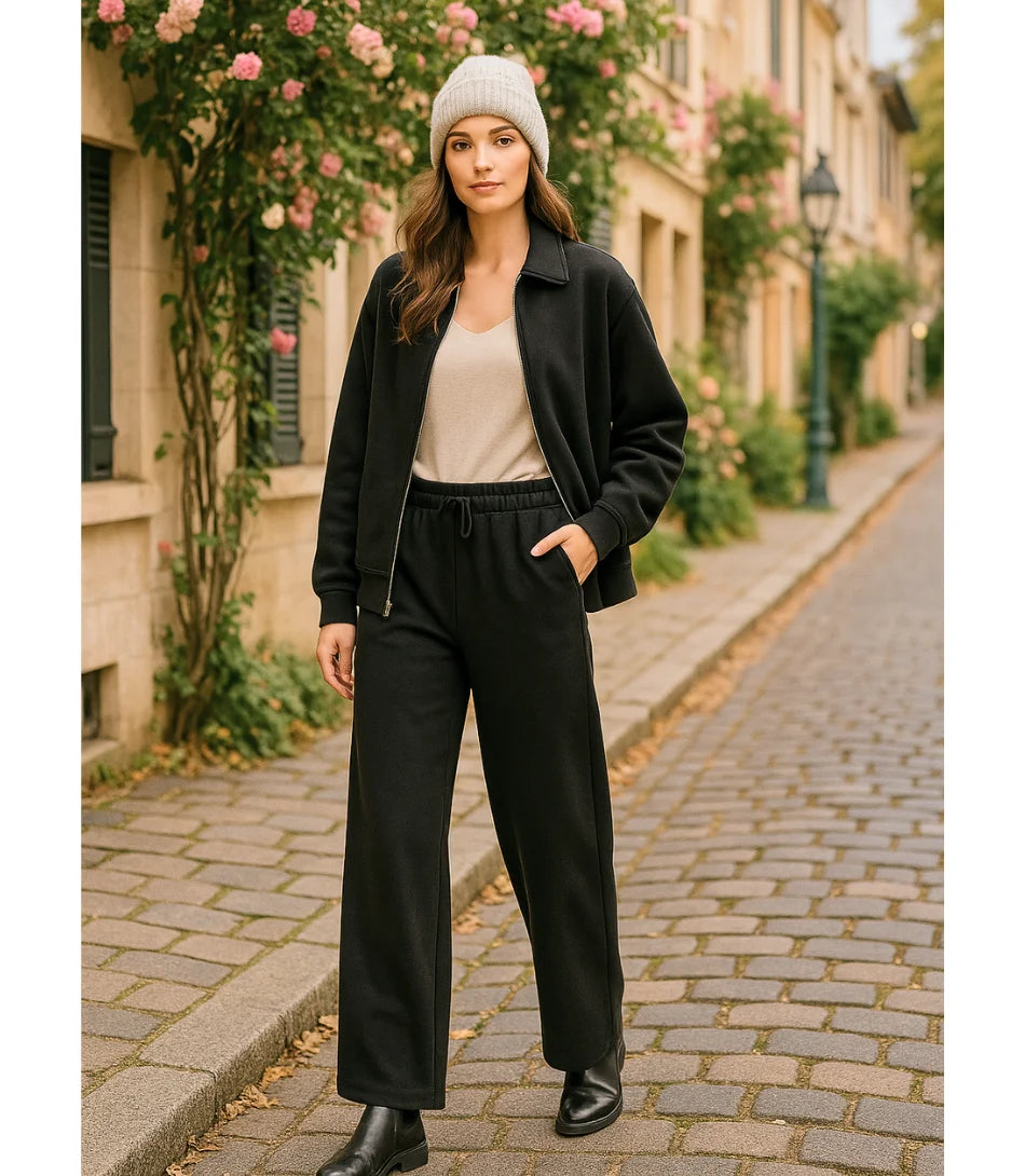 Comprar Conjunto Moletom Feminino com Jaqueta e Calça Larga preto de algodão grosso peluciado para os dias frios barato  em promoção ZARA

