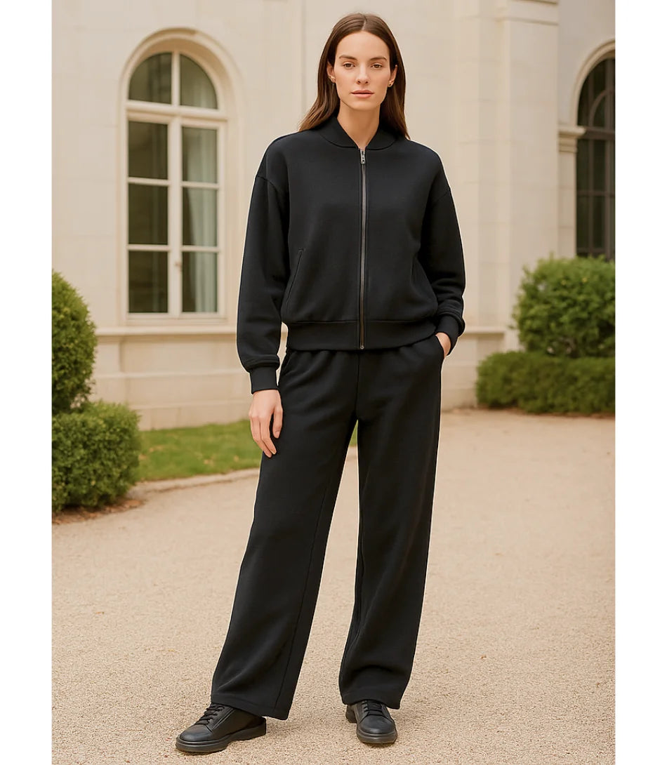Comprar Conjunto Moletom Feminino com Jaqueta e Calça Larga preto de algodão grosso peluciado para os dias frios barato  em promoção ZARA


