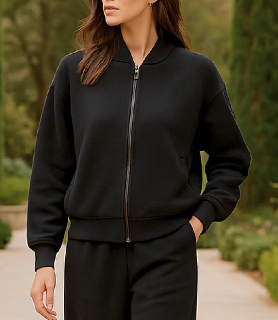 Comprar Conjunto Moletom Feminino com Jaqueta e Calça Larga preto de algodão grosso peluciado para os dias frios barato  em promoção ZARA

